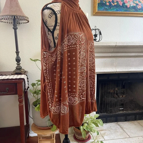 Free People Women's Top Small Brown Tunic SLeeveless Tie Back Bandana - Picture 2 of 14